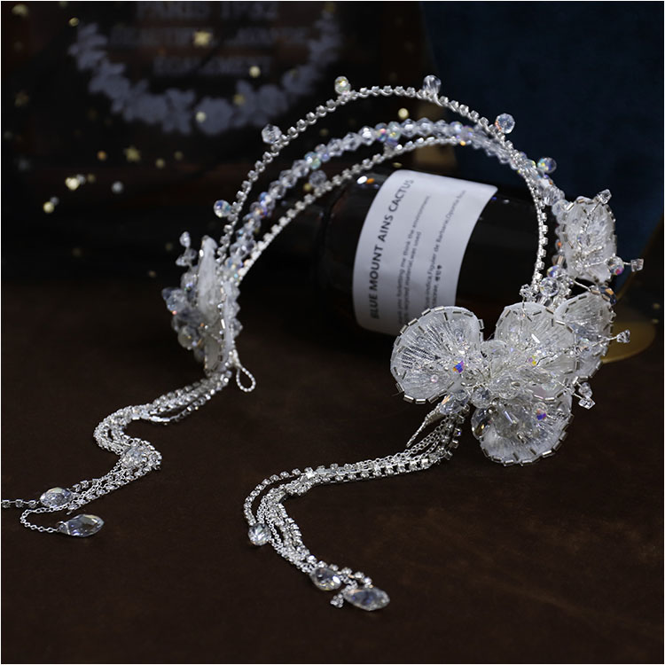 新款轻奢手工超闪透明晶莹花朵流苏发箍梦幻新娘婚礼影楼跟妆配饰