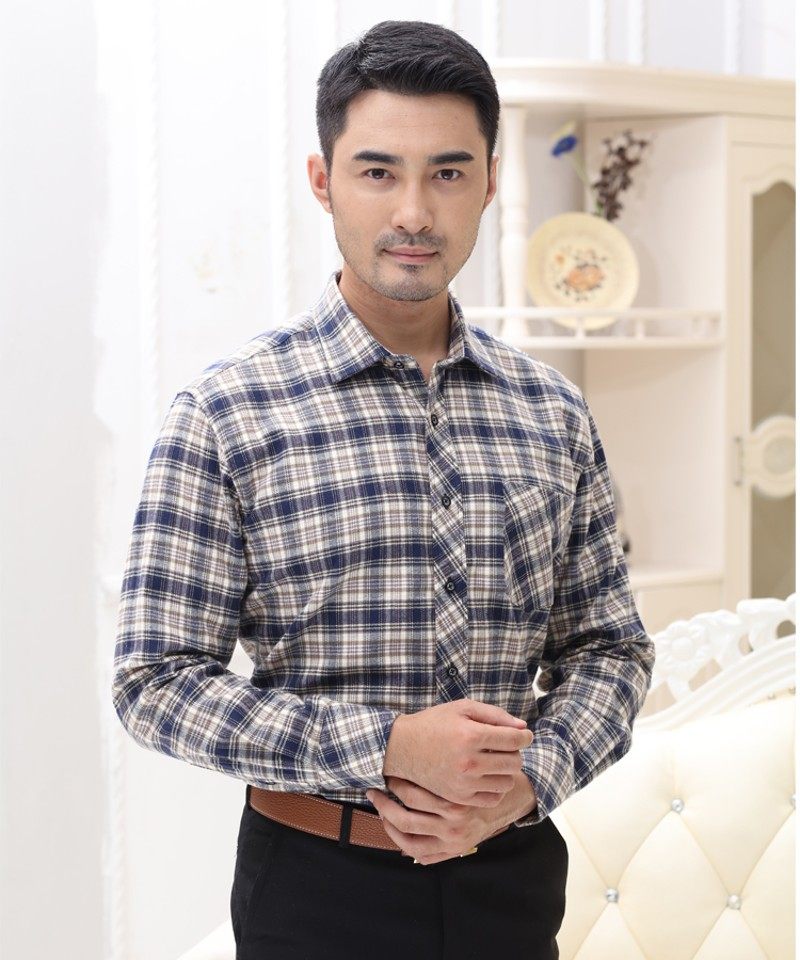 秋冬纯棉格子衬衫男长袖法兰绒磨毛中老年爸爸男士全棉衬衣宽松厚