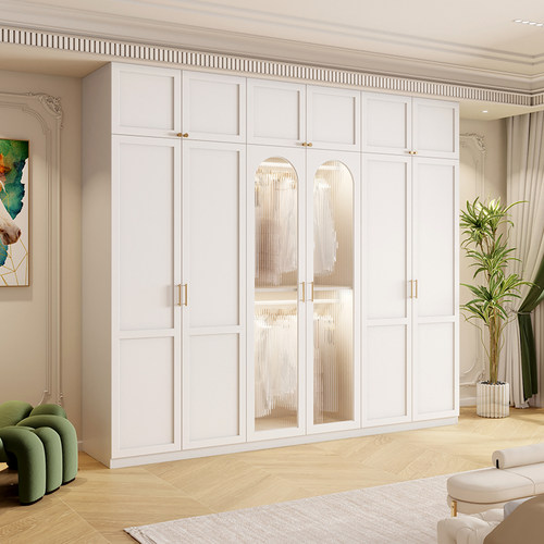 法式轻奢玻璃门衣柜家用卧室大衣橱奶油风实木定制衣帽间组合柜子