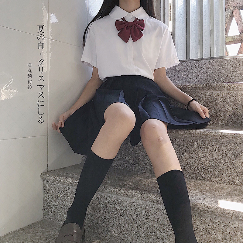 2020放学来玩吧 夏丸襟角襟jk制服白衬衫女短袖衬衣+蝴蝶结花学生