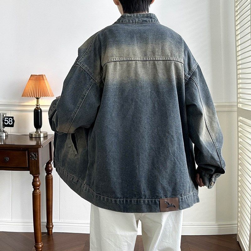 复古水洗做旧立领牛仔外套男女春秋季高级感宽松拉链工装夹克上衣
