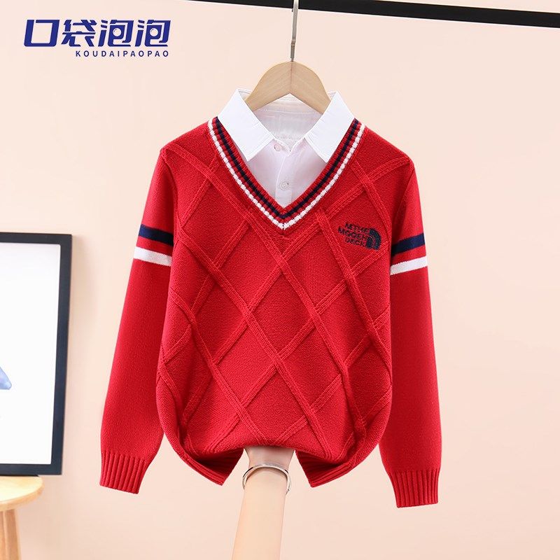 男童纯棉毛衣秋冬2024款中大儿童装假两件针织衫男孩上衣加绒加厚