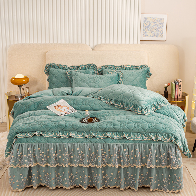 冬季全套夹棉床裙款四件套超厚宝宝绒蕾丝边床罩双面加绒被套保暖