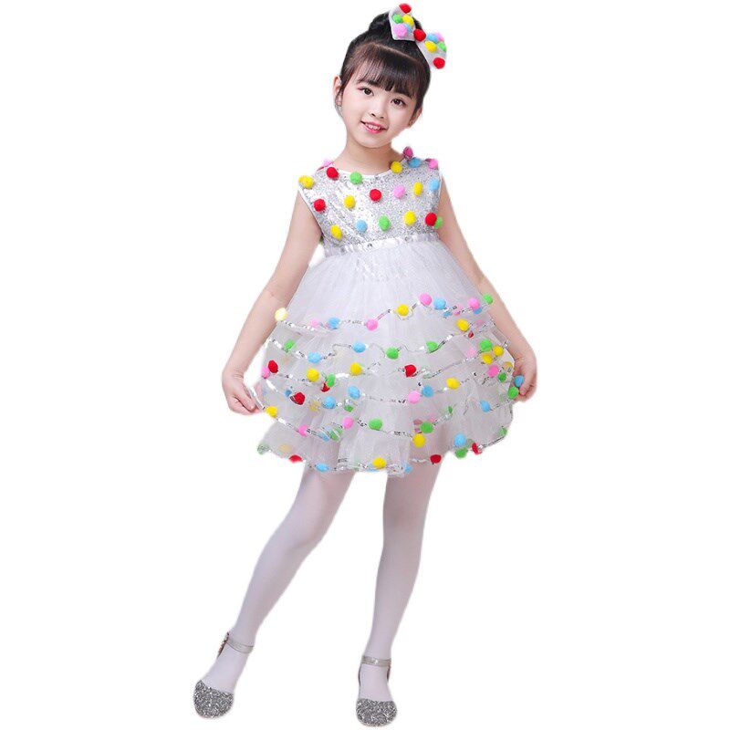 六一儿童演出服幼儿园七彩可爱蓬蓬裙舞蹈服女连衣裙纱裙群舞表演