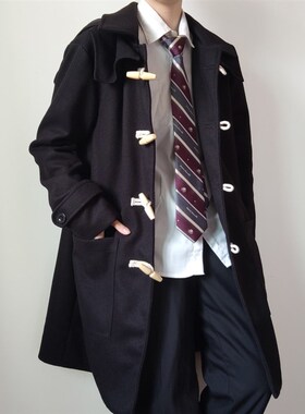 浅见川JKDK制服黑色双面毛呢牛角扣大衣学院T男女情侣外套秋冬