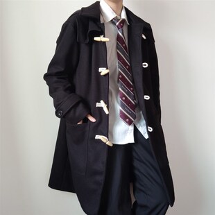 浅见川JKDK制服黑色双面毛呢牛角扣大衣学院T男女情侣外套秋冬