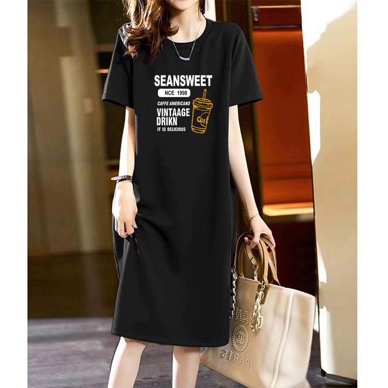 纯棉短袖大t恤裙女装夏季新款宽松大码休闲上衣中长款过膝连衣裙