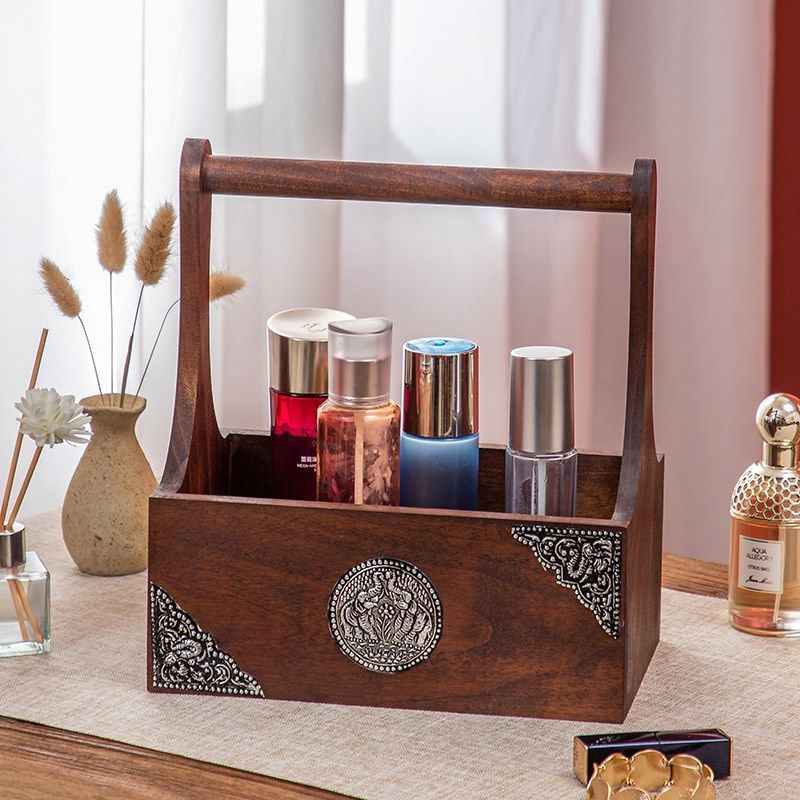 泰国实木大象收纳篮客厅厨房调味料手提篮个性干水果零食杂物篮