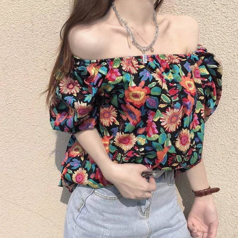 海边度假一字领花色衬衫2024新款夏季性感露肩时尚宽松T恤上衣女