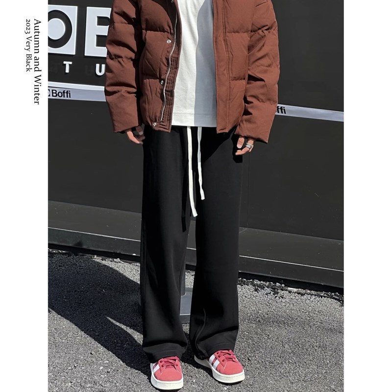 2023秋冬重磅加绒百搭抽绳直筒型卫裤简约休闲风长裤男