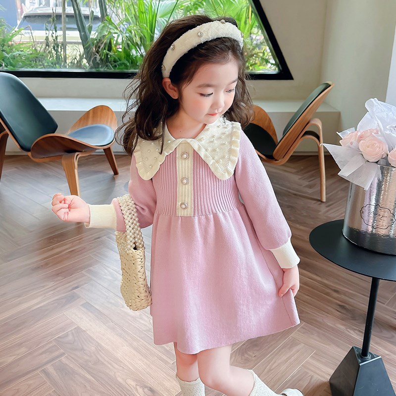 女童春秋款连衣裙2024新款儿童珍珠女宝宝春季毛衣裙春装针织裙子
