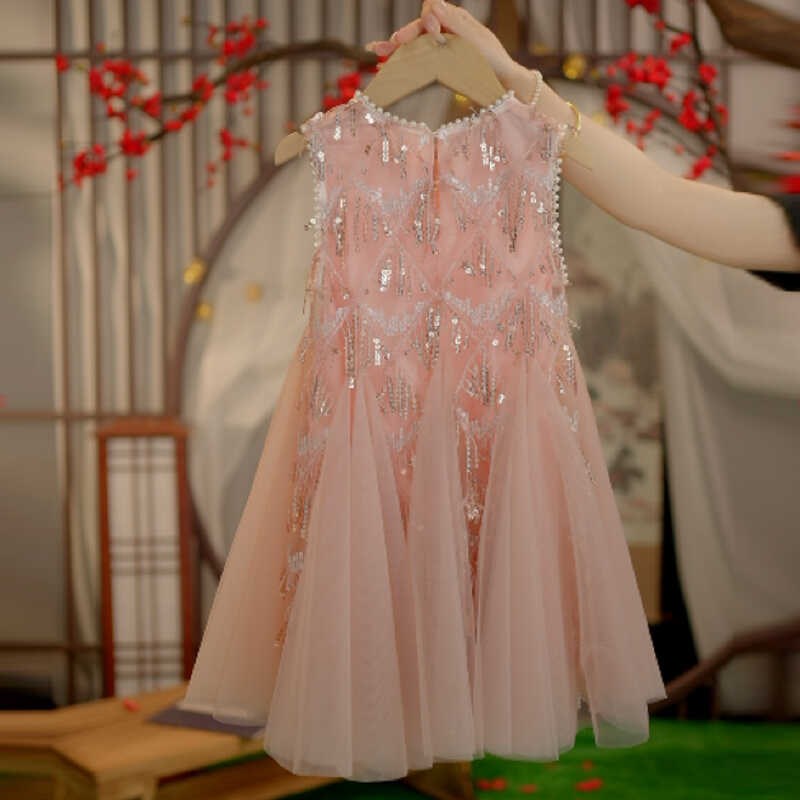 女童流苏珍珠连衣裙2024新款夏季洋气亮片礼服女孩无袖气质背心裙