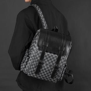 新款韩版双肩包皮质大容量男女潮流格子背包旅行包学生书包电脑包