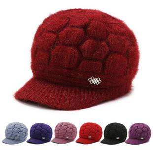 妈妈奶奶帽冬季新款保暖加绒针织帽时尚短帽沿毛线套头帽子