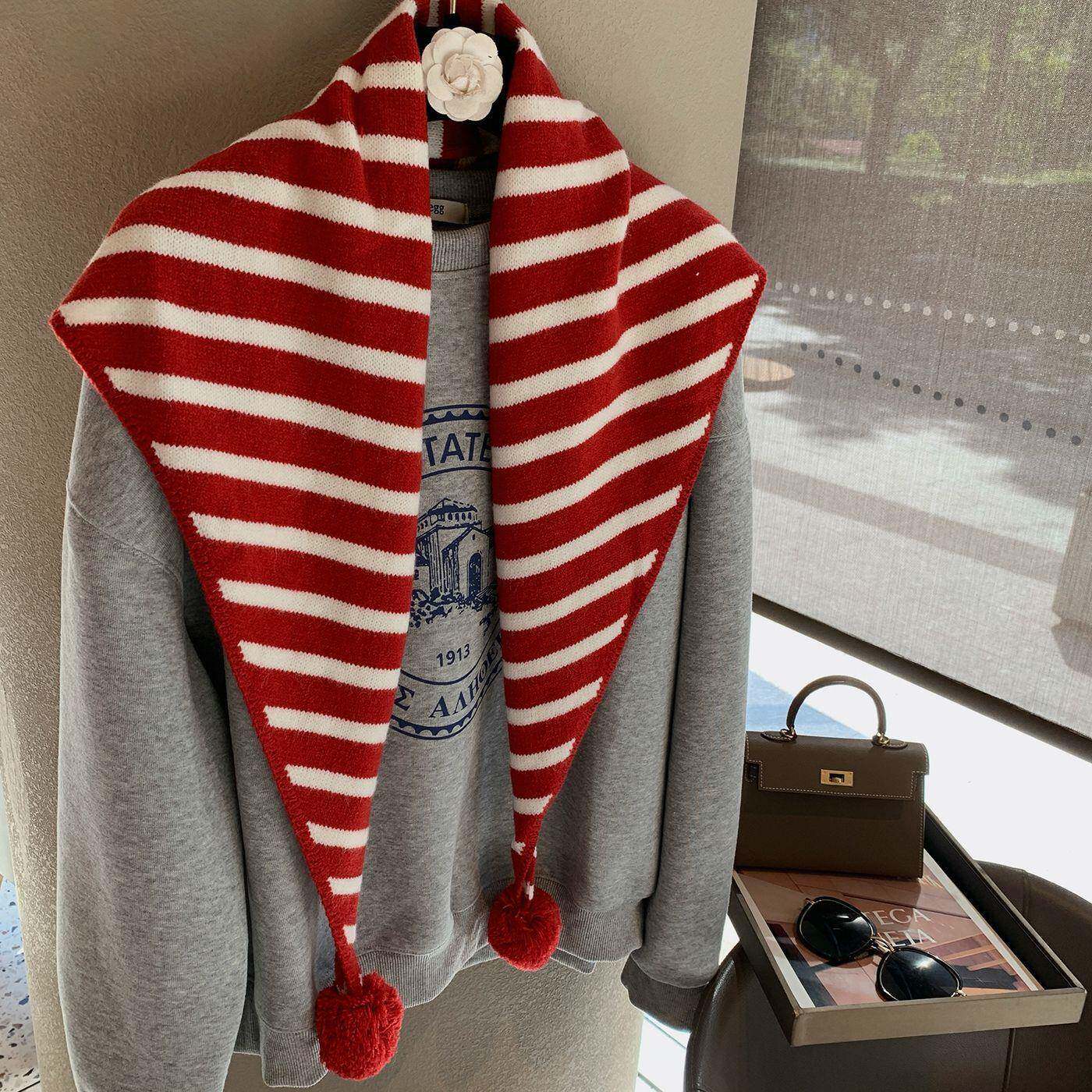 日系百搭时尚新款球球毛线条纹针织围巾情侣款保暖三角披肩女