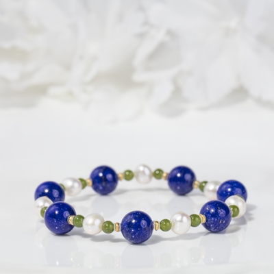 【罗娜专属】美伢【尊月】青金石+珍珠和田玉单圈手串QT26SL01001