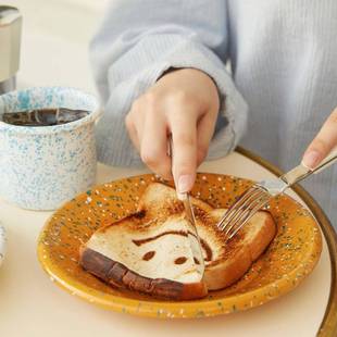 搪泼瓷墨EBU彩色圆沙拉盘早午晚餐盘平盘椭家用珐餐 韩国Ed琅ing