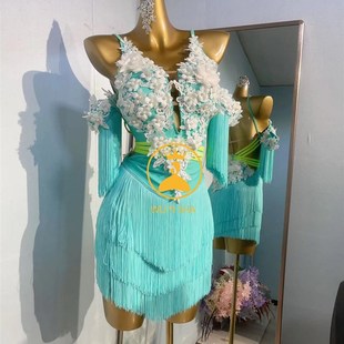 蓝色拉丁舞服练功服花服成人女儿童练习服流苏新款 比赛2496