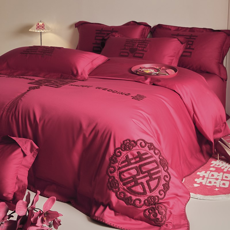 高档中式结婚四件套酒红色纯棉床单刺绣被套全棉婚庆乔迁床上用品