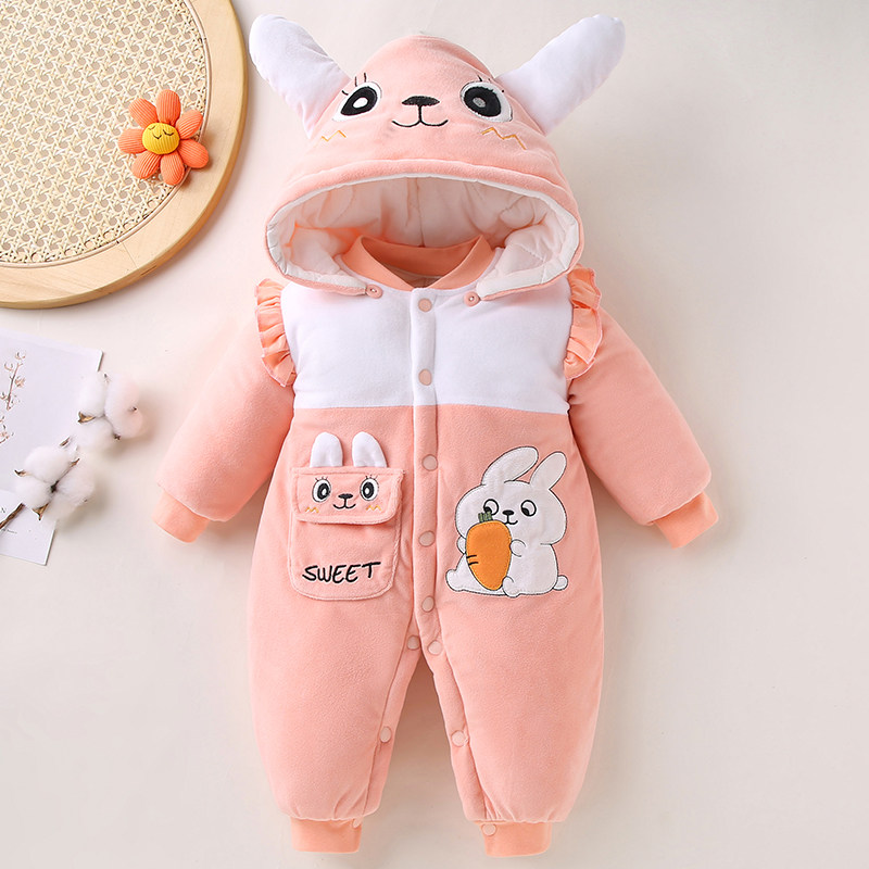 婴儿连体衣冬装夹棉加厚保暖女宝宝哈衣新生幼儿爬服棉服抱衣套装