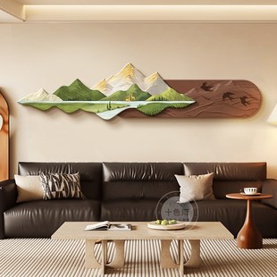 日照金山中古风客厅装饰画绿色高级感沙发背景墙挂画法式带灯壁画