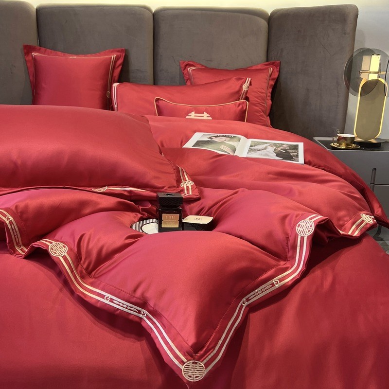 简约结婚四件套大红色婚庆床单被套全棉刺绣喜被床上用品
