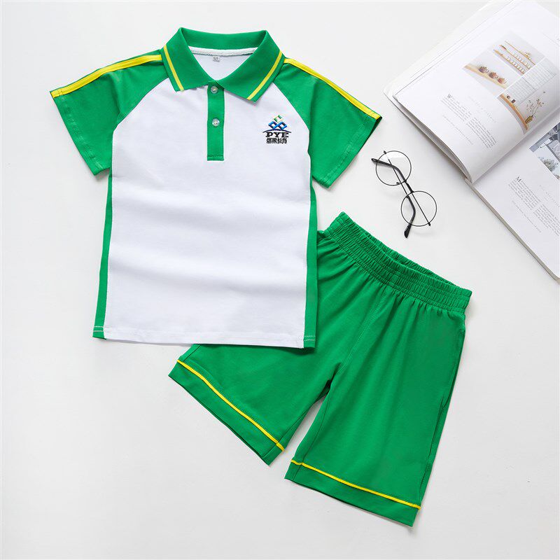 番禺区新款小学生校服绿色夏装一字领t恤男女小学生校服套装