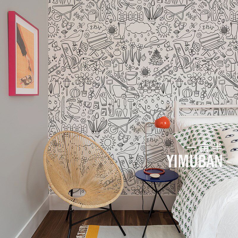 现代黑白涂鸦儿童房背景墙壁纸壁布男女孩卧室床头墙艺术墙纸墙布