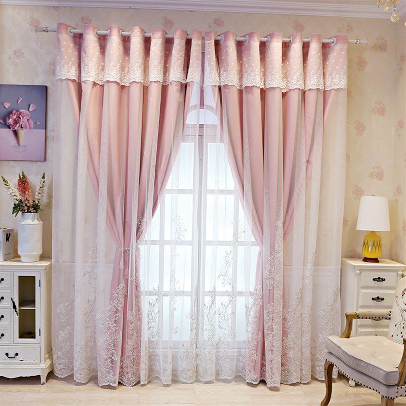 韩式布纱双层一体窗帘遮光成品卧室飘窗落地窗粉色公主风2020新款