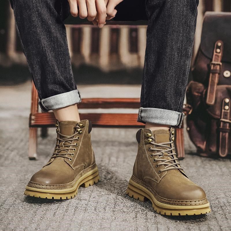 马丁靴男款软皮潮男靴子秋季英伦风工装靴高级感踢不烂厚底大黄靴