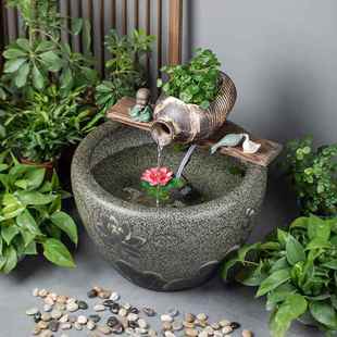 大型陶瓷流水喷泉鱼缸陶罐水循环造景古法鱼缸客厅阳台落地大水缸