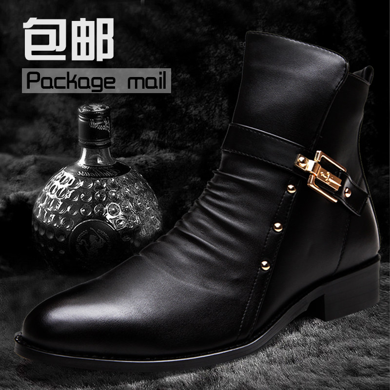 秋冬季韩版高帮皮鞋男靴马丁靴英伦短靴男百搭时尚尖头加绒皮靴潮