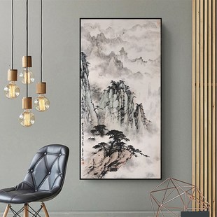 入户玄关装饰画单幅山水过道挂画走廊尽头竖大尺寸巨幅壁画