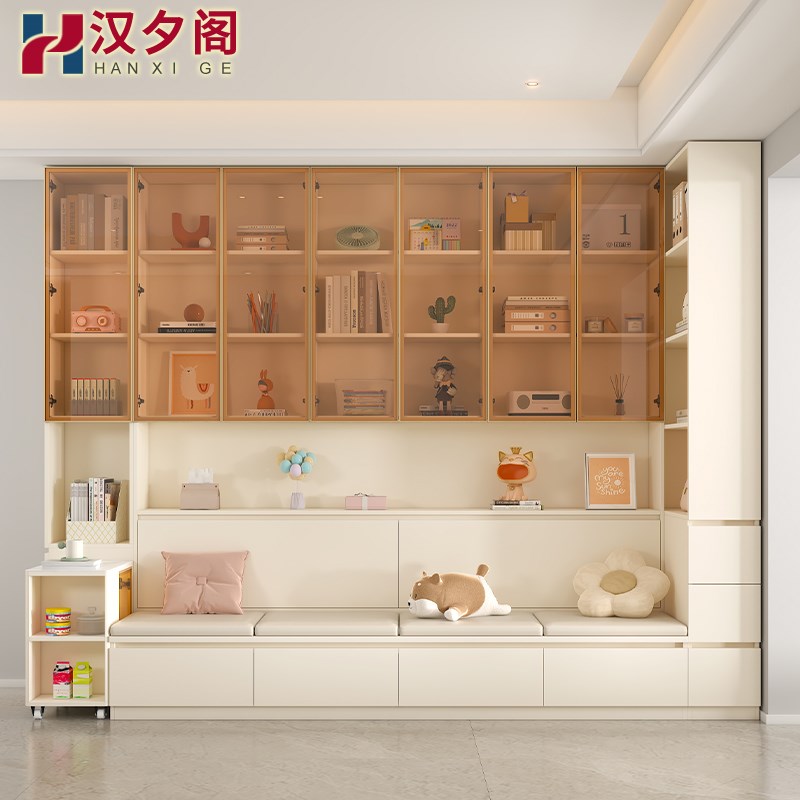 奶油风卡座书柜一体防尘玻璃门转角置物柜客厅书架展示柜F1