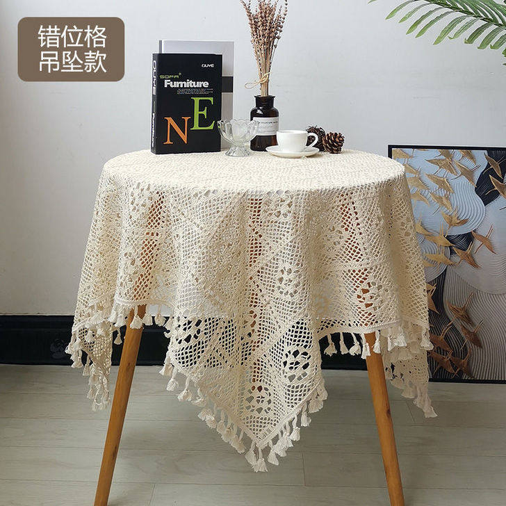 森系棉线钩针台布复古餐桌茶几盖巾蕾丝针织盖布镂空流苏圆桌布,居家布艺,桌布,淘宝优惠券,粉丝福利购,淘宝优惠卷