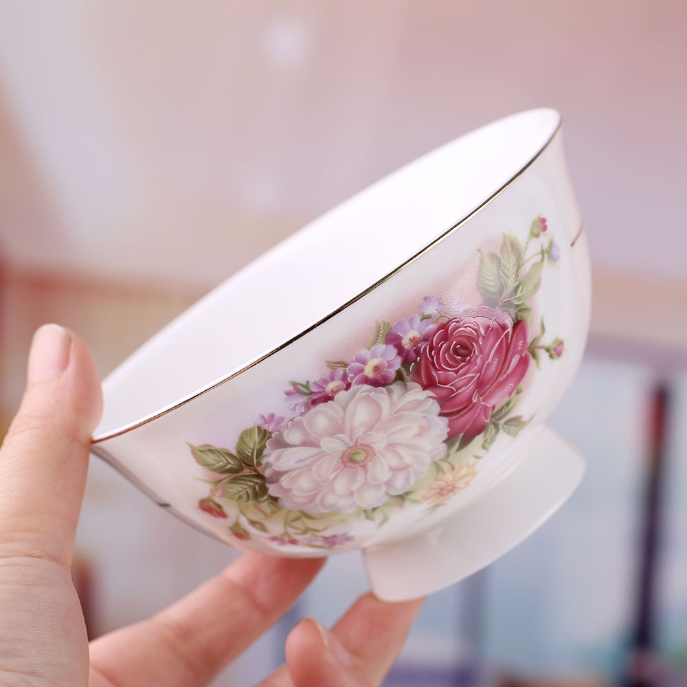 欧式高档唐山骨瓷餐具碗碟装家用陶瓷高脚饭碗汤碗面碗金边盘子