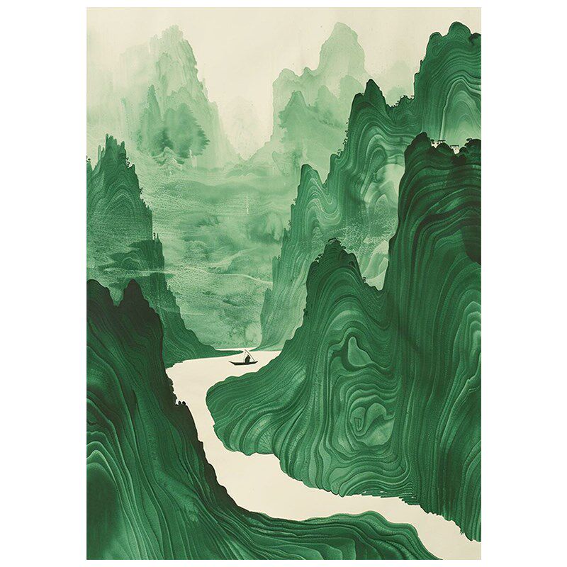 新山水墨绿色纹理手绘油画客厅叶扁舟饰壁画玄风景挂画