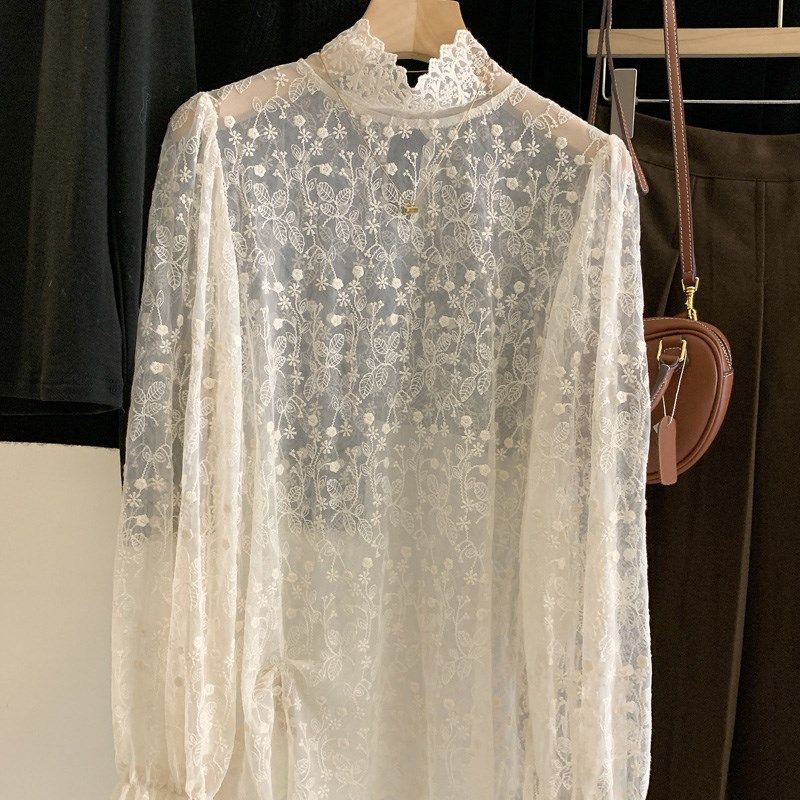 韩国订单宽松显瘦刺绣高领喇叭袖内搭蕾丝衫女2024早春打底网纱潮,女装/女士精品,蕾丝衫/雪纺衫,淘宝优惠券,粉丝福利购,淘宝优惠卷