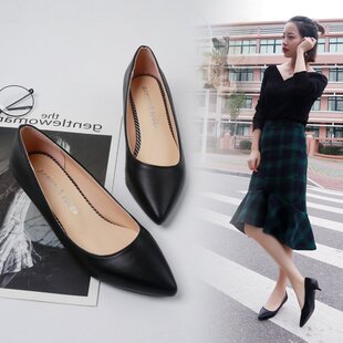 正装高跟鞋女低跟细跟3公分浅口职业女单鞋黑色面试小跟皮鞋工作