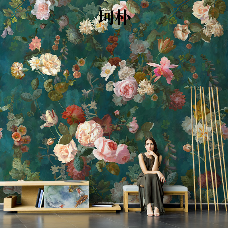 珂朴美式手绘花朵壁画墨绿色背景壁纸无纺布墙纸客厅电视背景墙