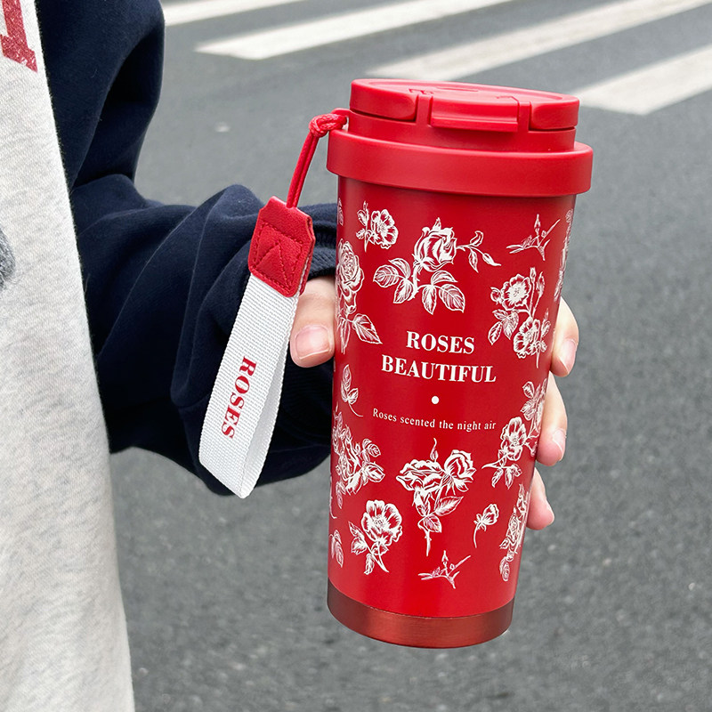 【节日礼物】假日j玫瑰保温杯咖啡杯316不锈钢陶瓷内胆红色吸管杯