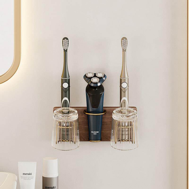 创意电动牙刷置物架化妆室免打孔实木漱口杯放牙杯牙膏沥水架壁挂