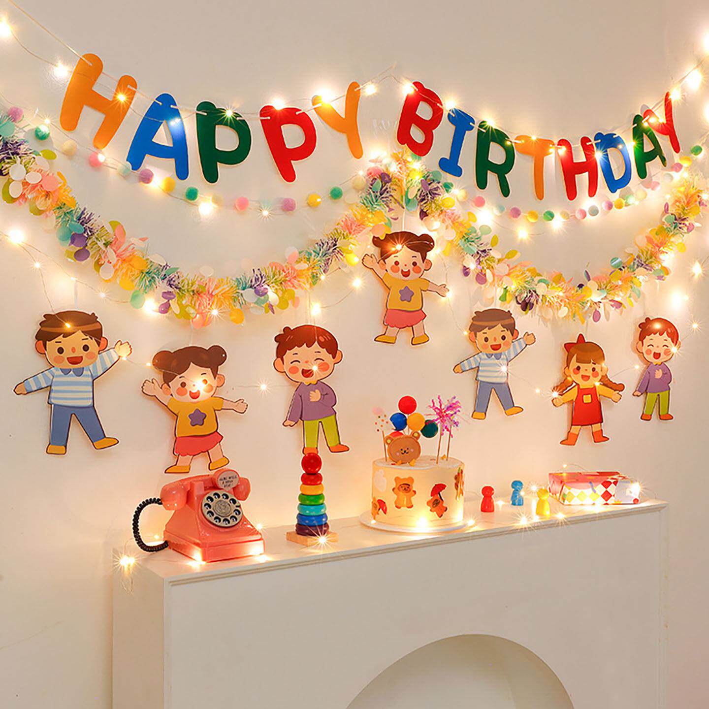 网红生日派对装饰毛球毛条拉旗儿童生日快乐周岁横幅拍照背景布置