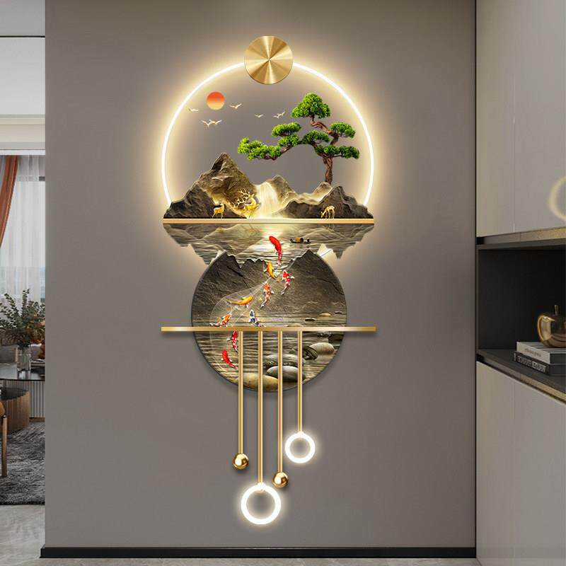 九鱼图新中式玄关装饰画 画山水入户正对门挂画 画立体发光走廊过