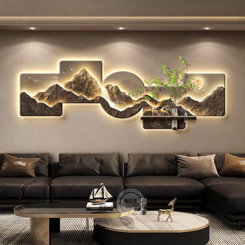 高级感立体日照金山轻奢客厅装饰画沙发背景墙面挂画大气山水壁灯