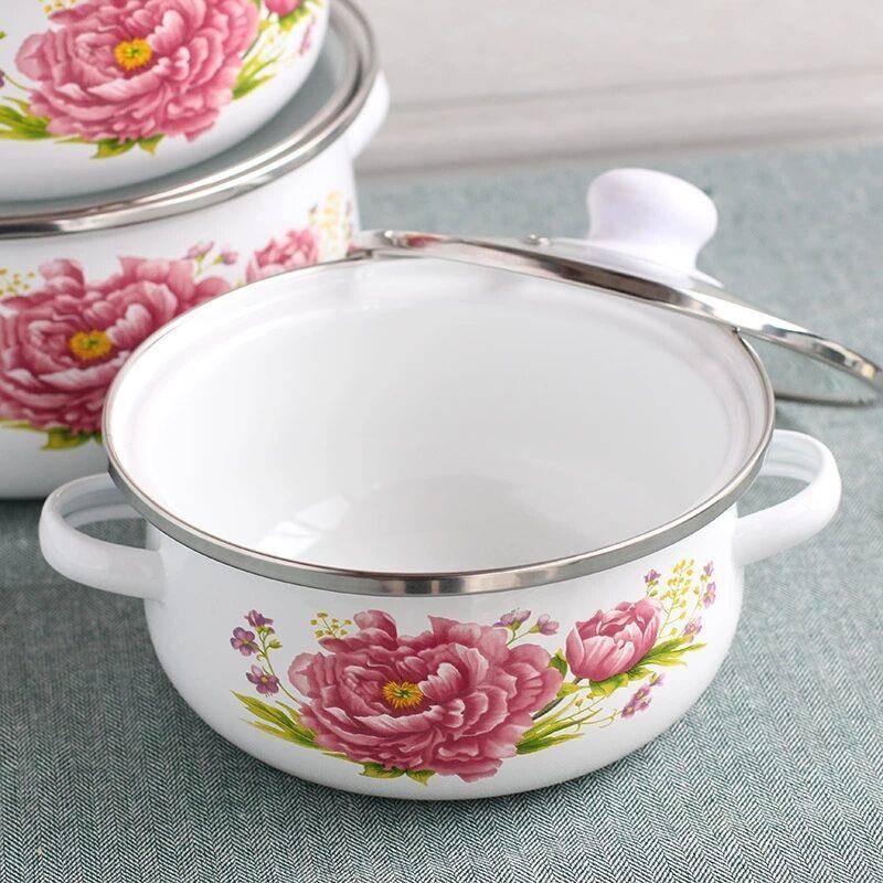 加厚16-20CM三件套双耳搪瓷锅家用煲汤锅炖锅平底锅泡面碗猪油盆