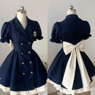 蓝色甜美蝴蝶结连衣裙女夏季 法式 学院风小个子收腰a字蓬蓬短裙子