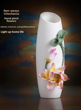 一对陶瓷莲花花瓶莲花装饰客厅无障碍豪华高端插花新中国风佛寺佛