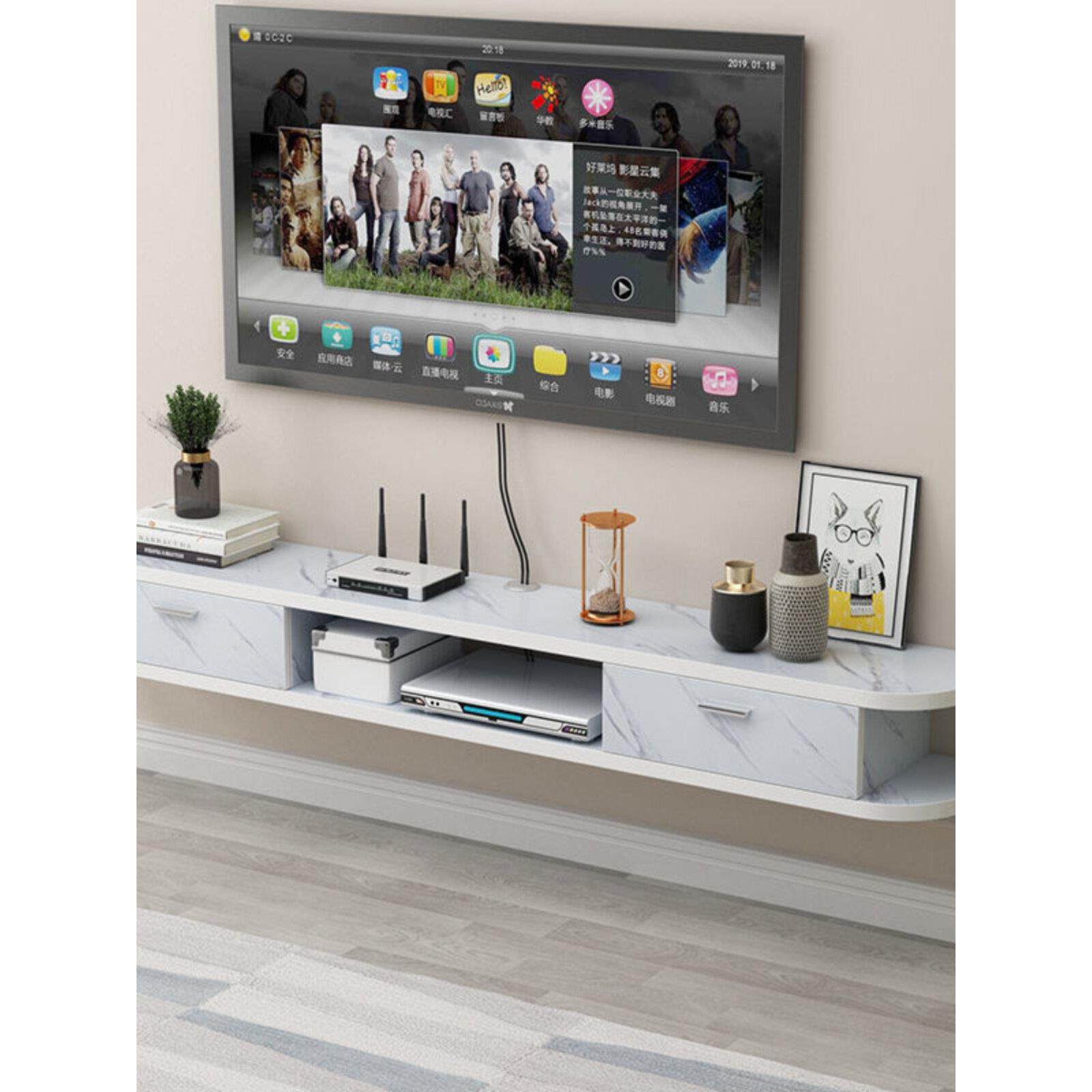 轻型豪华壁挂式石板图案电视柜极窄悬挂小公寓简单壁挂式路由器存