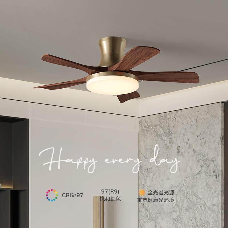 新中式吊扇卧灯桃色客厅灯室胡饭厅灯中古木风古铜色实木吊扇灯